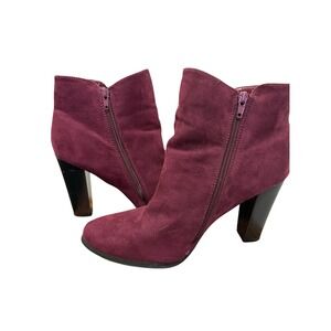 Womens Burgundy Suede Ankle Boots Block Heel Side Zip Fashion Shoes Size 9